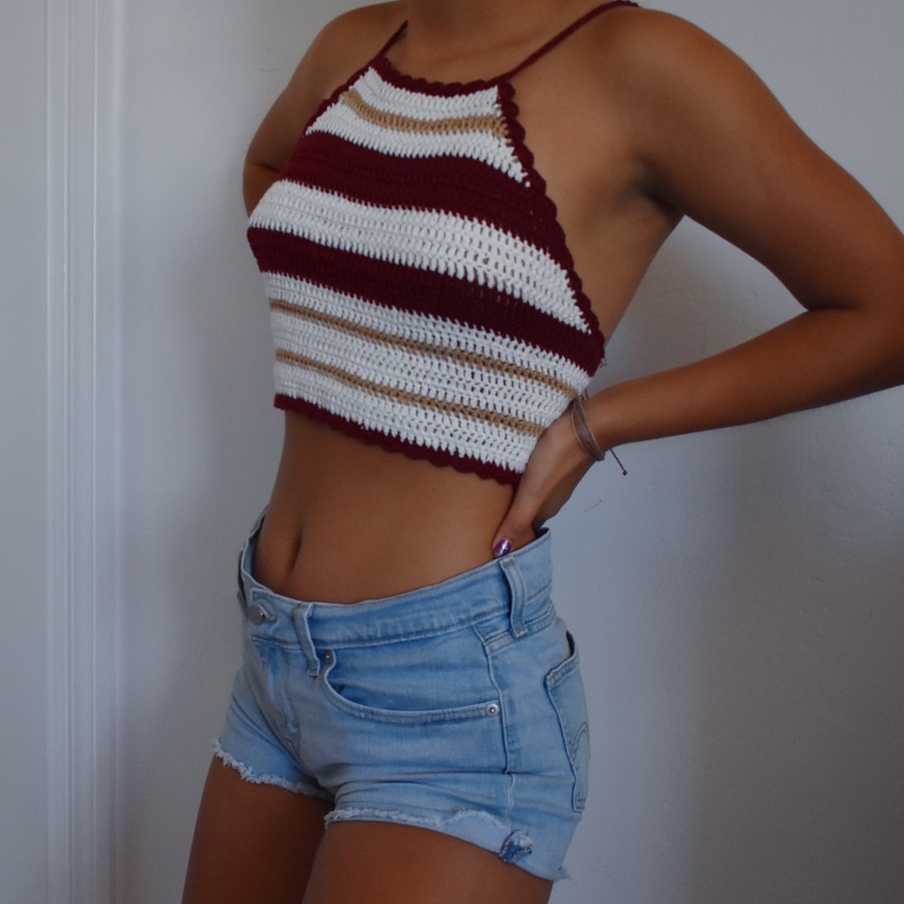 Papaya Burgundy and White Striped Crochet Halter